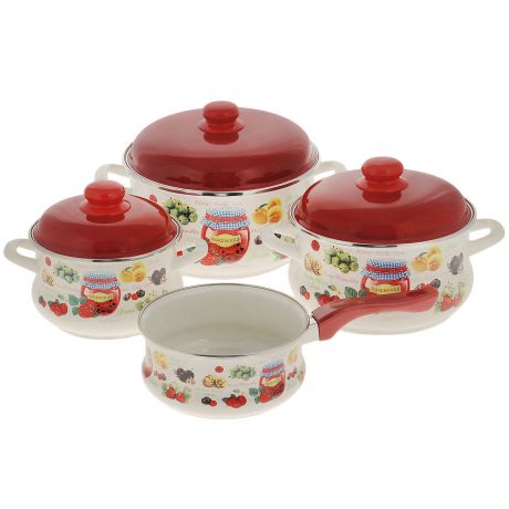 Набор эмалированной посуды Metrot "Варенье", цвет: белый, красный, 6 предметов + ПОДАРОК: Ковш эмалированный Metrot "Варенье", цвет: белый, красный, 1,5 л
