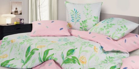 Комплект постельного белья Ecotex КГД "Фрезия" КПБ "Гармоника" дуэт (50х70-2 70х70-2) сатин-комфорт, розовый, зеленый