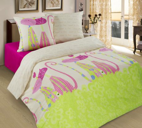 Комплект постельного белья Традиция "Кошки", 1101, 1,5 спальное, молочный, розовый, салатовый