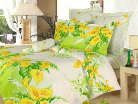 Комплект белья СайлиД "Viktoria", 1,5-спальный, наволочки 70x70, цвет: зеленый, желтый, белый