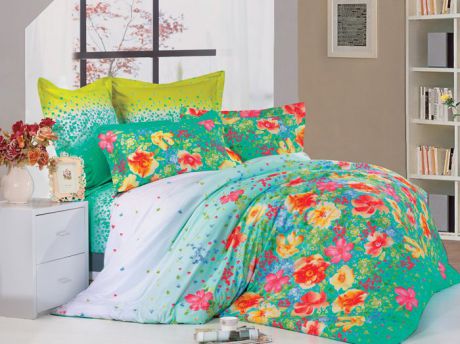 Комплект белья СайлиД "Laci", 1,5-спальный, наволочки 70x70, цвет: зеленый, белый, разноцветный