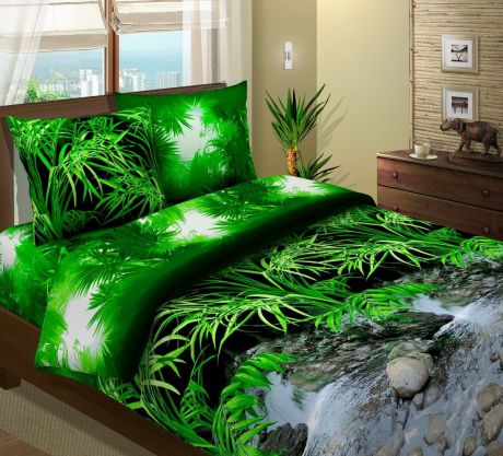 Комплект постельного белья ТК Традиция "Водопад" 1103, зеленый, черный, 2-спальный, с европростыней, наволочка 70 х 70 см