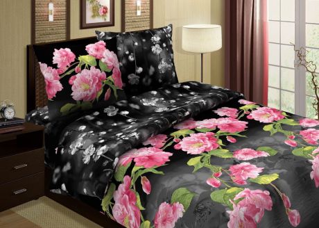 Комплект постельного белья ТК Традиция Pastel, для сна и отдыха, 1203/Южная ночь черная, черно-розовый