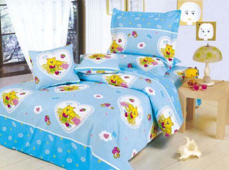 Комплект детского белья СайлиД "Happy", 1,5-спальный, наволочки 40x40, 50x70, цвет: голубой, белый, розовый