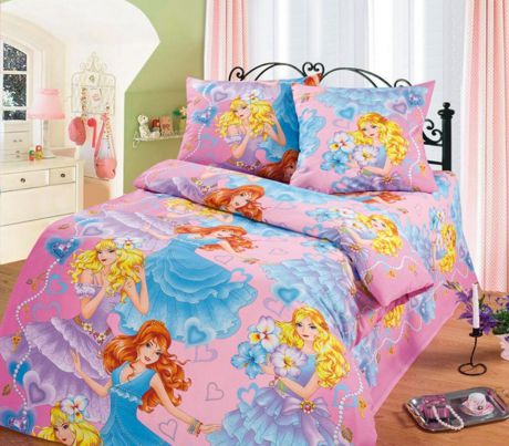 Комплект детского постельного белья ТК Традиция ДайПоспать "Принцессы" 3825, розовый, голубой, 1,5-спальный, наволочка 70 х 70 см