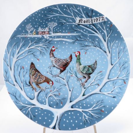 Декоративная коллекционная тарелка "Двенадцать Дней Рождества: Три Французские Курицы". Фарфор, деколь. Р. Хитроу, Франция, Haviland Limoges, 1972