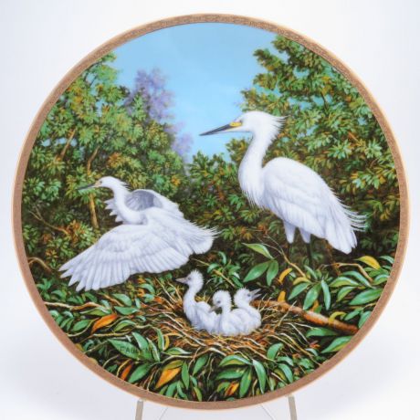 Декоративная коллекционная тарелка "Элегантные Птицы: Снежная цапля", фарфор, деколь, золочение