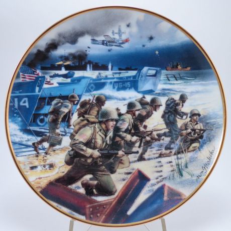 Декоративная коллекционная тарелка "Штурм Пляжей Нормандии". Фарфор, деколь. США, Franklin mint, Уильям Теодески, 1994