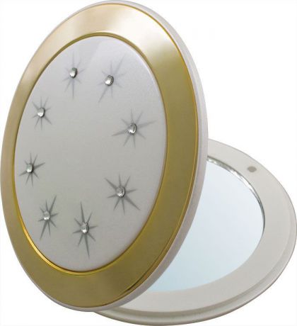 Зеркало карманное Weisen компактное с 3Х увеличением, с кристаллами NT 555 SD PER/G WPearl&Gold, белый, золотой