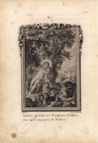 Гравюра Эммануэль де Гент Метаморфозы. Бог Аполлон (Феб) охраняет стада Адмета, сына царя Ферета, и играет на тростниковой флейте. Офорт, резцовая гравюра. Франция, Париж, 1767 год