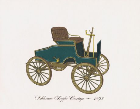 Гравюра Clarence Hornung Автомобиль Schloemer-Toepfer Carriage 1892 года. Коляска (каретка) Шлоемера-Тоепфера. Литография. США, Нью-Йорк, 1965 год