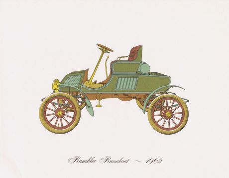 Гравюра Clarence Hornung Автомобиль Rambler Runabout 1902 года. Литография. США, Нью-Йорк, 1965 год