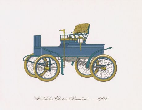 Гравюра Clarence Hornung Studebaker Electric Runabout 1902 года. Электрический автомобиль (электромобиль) Студебейкер. Литография. США, Нью-Йорк, 1965 год
