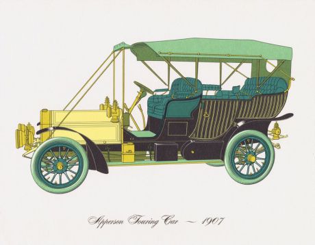 Гравюра Clarence Hornung Apperson Touring Car 1907 года. Туристический (прогулочный) автомобиль Апперсона. Литография. США, Нью-Йорк, 1965 год