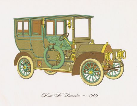 Гравюра Clarence Hornung Knox M Limousine 1909 года. Автомобиль Лимузин Нокса. Литография. США, Нью-Йорк, 1965 год