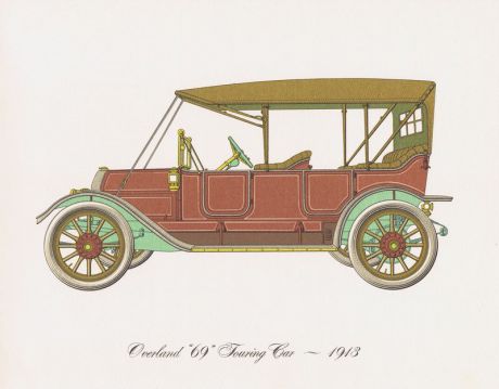 Гравюра Clarence Hornung Overland 69 Touring Car 1913 года. Туристический (прогулочный) автомобиль. Литография. США, Нью-Йорк, 1965 год