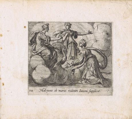 Гравюра Антонио Темпеста Метаморфозы. Алкиона умоляет Юнону вернуть мужа. Офорт. Нидерланды, Амстердам, 1606 год