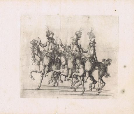 Гравюра Бальтазар Кюхлер Рыцари на лошадях с боевыми наголовниками. Офорт. Германия, Штутгарт, 1611 год