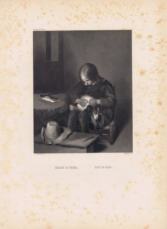 Гравюра Меркель Мальчик и собака. Офорт. США, Бостон, 1873 год