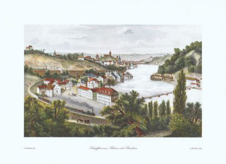 Гравюра Fackelverlag Вид на Рейн с мостами. Шаффхаузен, Швейцария. Офсетная литография. Германия, Штутгарт, 1971 год