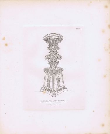 Гравюра Генри Мозес Древний (античный) канделябр с гравюры Пиранези 3. Орнамент. Офорт. Англия, Лондон, 1838 год