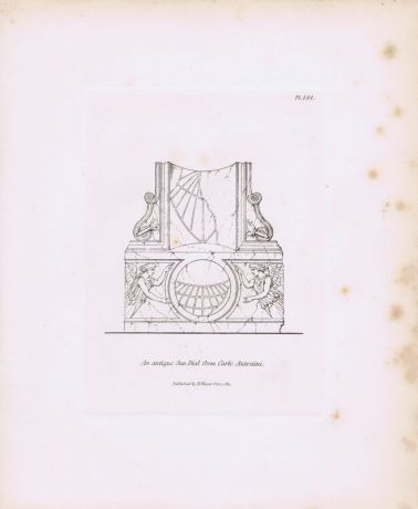 Гравюра Генри Мозес Древние (античные) солнечные часы с гравюры Карло Антонини. Орнамент. Офорт. Англия, Лондон, 1838 год