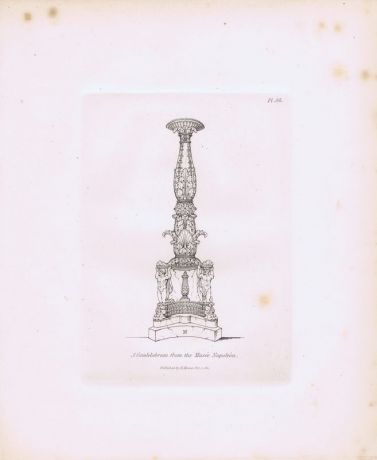 Гравюра Генри Мозес Древний (античный) канделябр из музея Наполеона. Орнамент. Офорт. Англия, Лондон, 1838 год