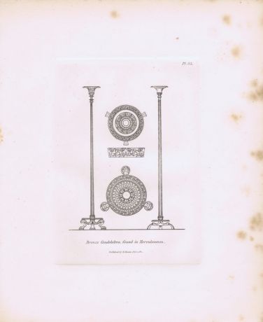 Гравюра Генри Мозес Древние (античные) бронзовые канделябры, найденные в Геркулануме. Орнамент. Офорт. Англия, Лондон, 1838 год