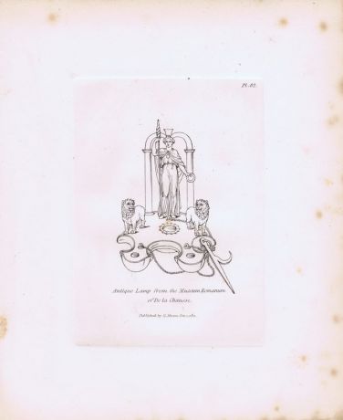 Гравюра Генри Мозес Древняя (античная) лампа из римского музея. Орнамент. Офорт. Англия, Лондон, 1838 год
