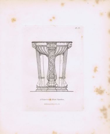 Гравюра Генри Мозес Древний (античный) трипод (треножник) из музея Наполеона 2. Орнамент. Офорт. Англия, Лондон, 1838 год