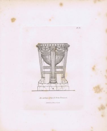 Гравюра Генри Мозес Древний (античный) трипод (треножник) с гравюры Пиранези. Орнамент. Офорт. Англия, Лондон, 1838 год