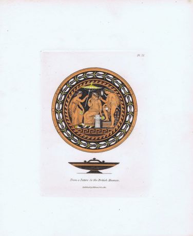 Гравюра Генри Мозес Древняя (античная) патера из Британского музея 2. Орнамент. Офорт, ручная раскраска. Англия, Лондон, 1838 год
