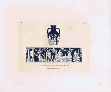 Гравюра Генри Мозес Древняя (античная) портлендская ваза (сейчас находится в Британском музее). Орнамент. Офорт, ручная раскраска. Англия, Лондон, 1838 год