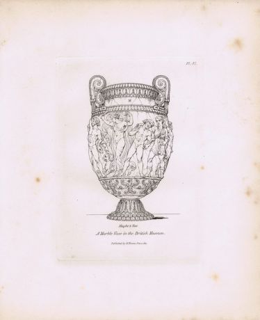 Гравюра Генри Мозес Древняя (античная) мраморная ваза из Британского музея. Орнамент. Офорт. Англия, Лондон, 1838 год
