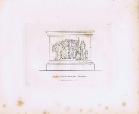 Гравюра Генри Мозес Древний (античный) алтарь из музея Пио-Клементино. Орнамент. Офорт. Англия, Лондон, 1838 год