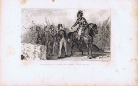 Гравюра Луиза Жирар Великая французская революция. Жан-Батист Клебер приказывает офицеру защищать мост. Офорт. Франция, Париж, 1834 год