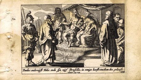Гравюра Питер Схют Новый Завет. Павел перед правителем Феликсом. Резцовая офорт. Нидерланды, Амстердам, 1659 год