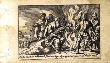Гравюра Питер Схют Новый Завет. Павел на пути в Рим. Резцовая офорт. Нидерланды, Амстердам, 1659 год
