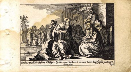 Гравюра Питер Схют Новый Завет. Крещение Павлом Лидии. Резцовая офорт. Нидерланды, Амстердам, 1659 год