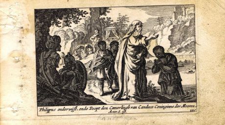 Гравюра Питер Схют Новый Завет. Филипп и эфиопский евнух. Резцовая офорт. Нидерланды, Амстердам, 1659 год