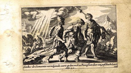 Гравюра Питер Схют Новый Завет. Павел (Савл) на пути в Дамаск. Резцовая офорт. Нидерланды, Амстердам, 1659 год