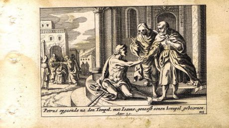 Гравюра Питер Схют Новый Завет. Исцеление хромого. Резцовая офорт. Нидерланды, Амстердам, 1659 год