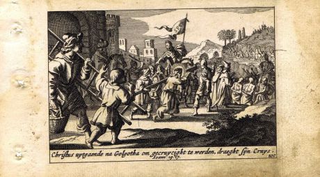 Гравюра Питер Схют Новый Завет. Несение креста. Резцовая офорт. Нидерланды, Амстердам, 1659 год