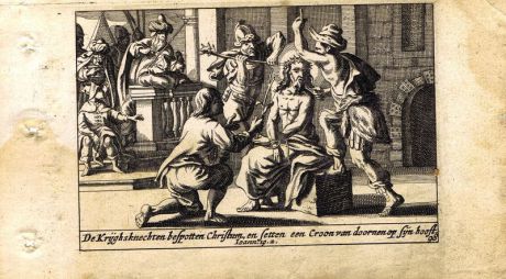 Гравюра Питер Схют Новый Завет. Коронование терновым венцом. Резцовая офорт. Нидерланды, Амстердам, 1659 год
