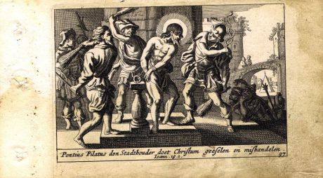 Гравюра Питер Схют Новый Завет. Бичевание Христа. Резцовая офорт. Нидерланды, Амстердам, 1659 год