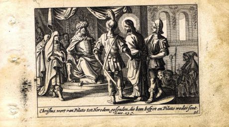 Гравюра Питер Схют Новый Завет. Иисус Христос перед Иродом. Резцовая офорт. Нидерланды, Амстердам, 1659 год