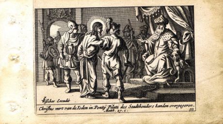 Гравюра Питер Схют Новый Завет. Иисус Христос перед Пилатом. Резцовая офорт. Нидерланды, Амстердам, 1659 год