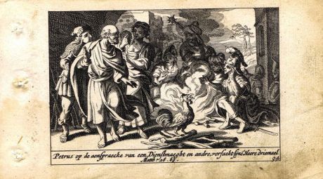 Гравюра Питер Схют Новый Завет. Отречение Петра. Резцовая офорт. Нидерланды, Амстердам, 1659 год