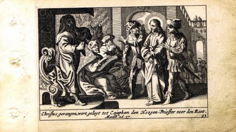 Гравюра Питер Схют Новый Завет. Иисус перед первосвященником Каиафой. Резцовая офорт. Нидерланды, Амстердам, 1659 год