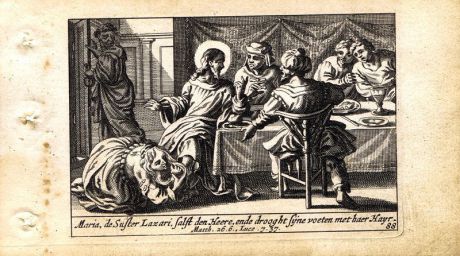Гравюра Питер Схют Новый Завет. Омовение ног Иисуса грешницей. Резцовая офорт. Нидерланды, Амстердам, 1659 год